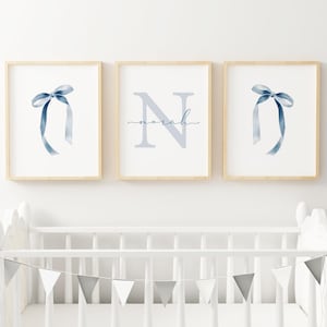 Personalized Blue Nursery decor coquette bow wall art girl nursery blue art vintage bow blue decor Printed and Shipped Set of 3 GPB3-A3