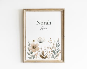 Personalized Boho Nursery Wall Art Custom Baby Name Sign Baby Girl Nursery Botanical Print Wildflower Girls Room Floral Nursery Art PWL6-A1