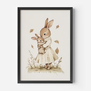 a watercolor painting of a bunny holding a baby bunny