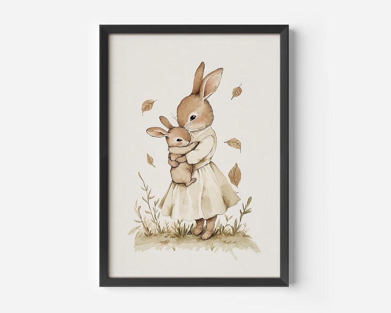 a watercolor painting of a bunny holding a baby bunny