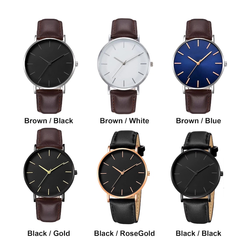 May include: Collection of minimalist wristwatches with various dial colors, including black, white, and blue. The watches feature leather bands in brown and black, with gold, rose gold, and silver cases. The image includes text labels: "Brown / Black", "Brown / White", "Brown / Blue", "Black / Gold", "Black / RoseGold", and "Black / Black".