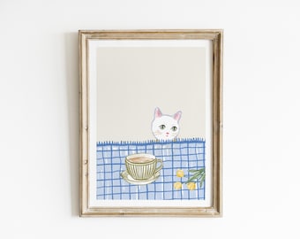 Cat Coffee Wall Art White Cat Kitchen Print Blue Gingham Breakfast Nook Decor Animal Illustration Coffee Bar Poster Cat Mom PCD2-A1