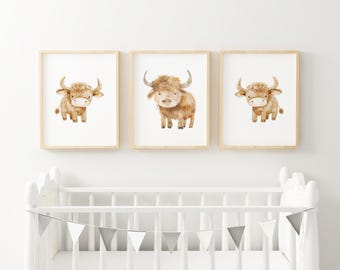 Highland Cow Nursery Wall Art Baby Animal Farmhouse Nursery Decor Rustic Baby Room Wall Art Farm Nursery Highland Cattle Artwork ARM1-A3