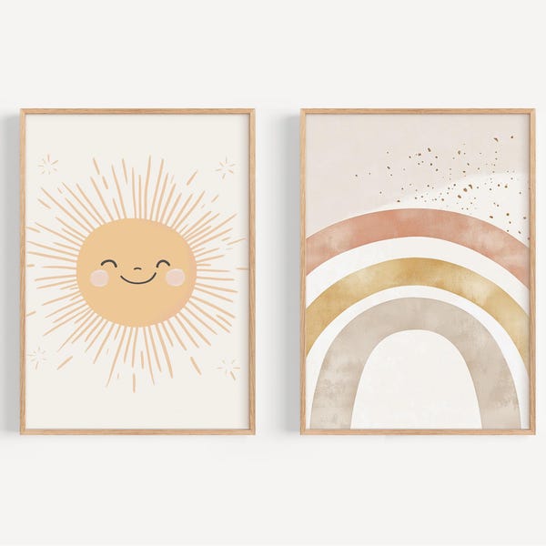 Boho Rainbow and Sunshine Nursery art Watercolor rainbow art girl nursery boho Printed and shipped on high archival paper Set of 2 BEM8-A2