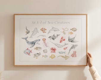 Alphabet Sea Creatures Nursery Art Ocean Alphabet Poster Watercolor Educational ABC Chart Kids Room Toddler Classroom Marine Life PEO11-A1