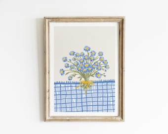 Blue Wildflower Nursery Wall Art Daisy Bouquet Print Cottagecore Baby Room Blue Gingham Floral Poster Girls Room Botanical Art PCD3-A1