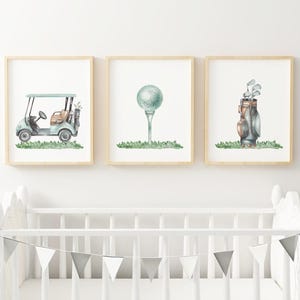 Láminas artísticas impresas para guardería de golf, temática de golf azul, juego de 3 impresiones en acuarela, papel de alto archivo GP03-A3