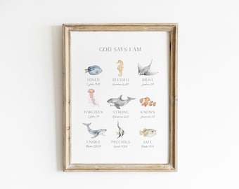 God Says I Am Christian Nursery Wall Art Watercolor Ocean Animal Affirmations Bible Verse Print Kids Room Faith Toddler Playroom PEO15-A1