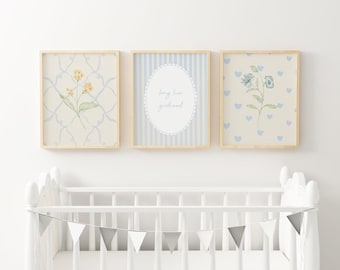 Long Live Girlhood Nursery Wall Art Soft Blue Floral Baby Room Decor Girl Bedroom Art Cottagecore Botanical Heart Quote Kids Room VBP9-A3