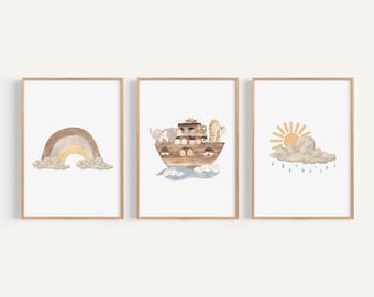 Impression d'art imprimée arche de Noé, chambre de bébé chrétienne imprimée et expédiée aquarelle bohème neutre imprimée sur du papier d'archives haute qualité, lot de 3 NA1-A3