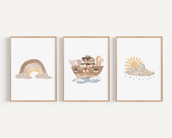 Noah's Ark Printed art print, Christian Nursery Printed and shipped Watercolor Neutral Boho printed on high archival paper Set of 3 NA1-A3