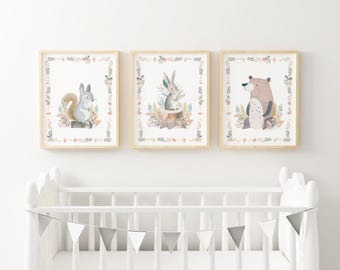 Woodland Animal Nursery Wall Art Bear Nursery Whimsical Bunny Art Woodland Nursery Art Neutral Playroom Decor Printed and Shipped WHM10-A3