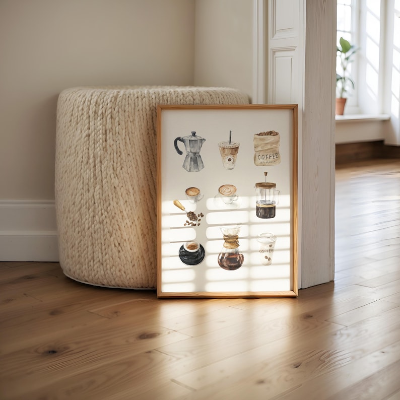a cozy corner with a framed collage of coffee-related illustrations, including a coffee maker, coffee cup, and coffee beans, placed on a wooden floor next to a round white ottoman.