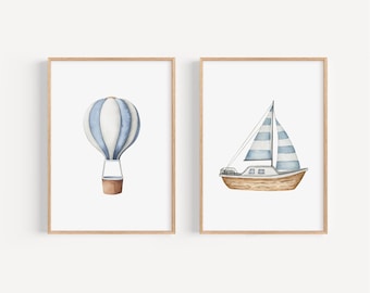 Sail boat Blue art print set Boy boat hot air balloon Printed Watercolor print set high archival paper Set of 2 BWT2-A2