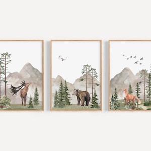 Woodland Nursery wall art PRINTED VERSION, Mountain wall art, tree nursery decor Forest nursery- Nursery Prints Watercolor Woodland- W05
