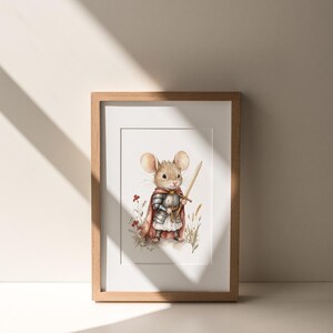 A framed illustration of a mouse dressed in medieval armor, holding a sword and standing in a grassy field.