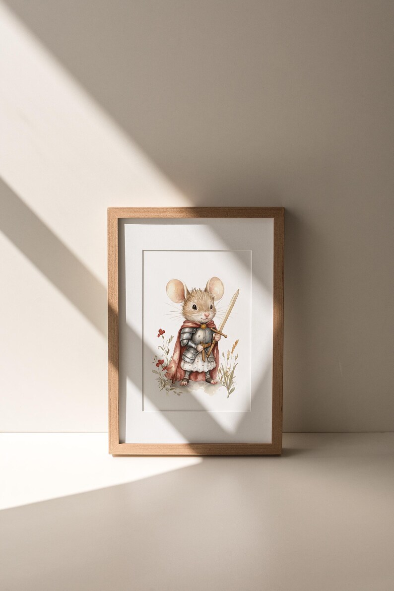 A framed illustration of a mouse dressed in medieval armor, holding a sword and standing in a grassy field.