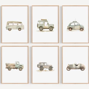 Retro Vehicle Nursery art transportation nursery sage green art Printed and shipped Watercolor print set high archival paper Set of 6 RV5-A6