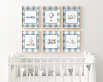 Blue Gingham Vehicle Nursery art transportation wall art boy nursery blue art hot air balloon nursery Printed and Shipped Set of 6 CBW1-A6