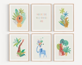Safari Nursery art prints Where The Wild Things Are Animal Prints Colorful Jungle Baby Room Decor Lion Giraffe Elephant Playroom CPS1-A6