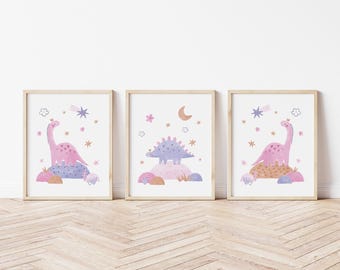 Pink Dinosaur Printed art print, Purple Dinosaur Printed and shipped Watercolor Dino Girl Art printed on high archival paper Set of 3 PD5-A3