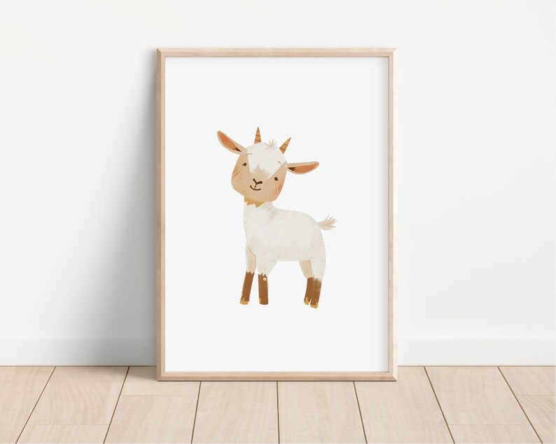 May include: A white goat with brown hooves and ears, standing on a white background. The goat has a friendly expression and is looking directly at the viewer.