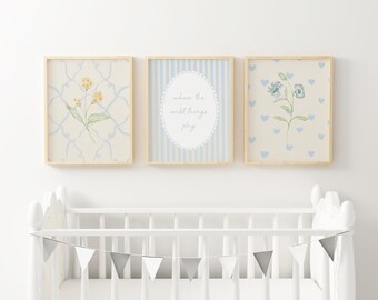 Where The Wild Things Play Nursery Wall Art Blue Floral Prints Cottagecore Playroom Baby Nursery Girls Room Grandmillennial Decor XVBP7-A3