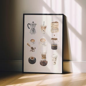 A framed collage of various coffee-related items, including a coffee pot, coffee cup, coffee beans, a coffee grinder, and a coffee machine, all set against a white wall.