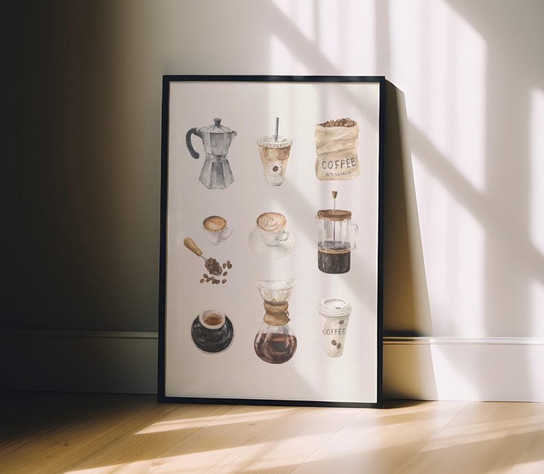 A framed collage of various coffee-related items, including a coffee pot, coffee cup, coffee beans, a coffee grinder, and a coffee machine, all set against a white wall.
