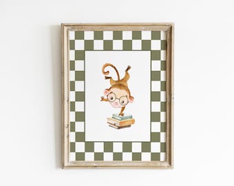 Decoración de pared para habitación infantil con temática de monos, rincón de lectura para amantes de los libros, lámina artística de animales a cuadros verde salvia, libro de cuentos para la habitación del bebé o sala de juegos XCRE1-A1
