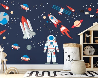 Outer Space Fabric Wall Stickers, Rocket ship wall decal Astronaut, reposition-able and fun to apply!