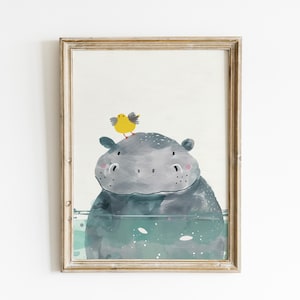 A framed illustration of a hippopotamus with a yellow bird perched on its head.