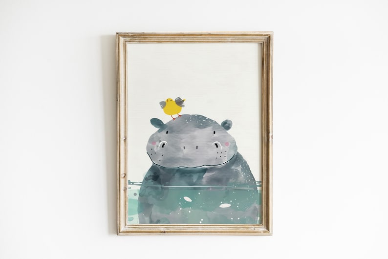 A framed illustration of a hippopotamus with a yellow bird perched on its head.