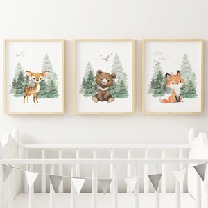 Woodland Nursery kunst aan de muur GEDRUKT VERSIE, Bear Wall art, Forest kwekerij Kwekerij Prints Aquarel Woodland W04 afbeelding 3