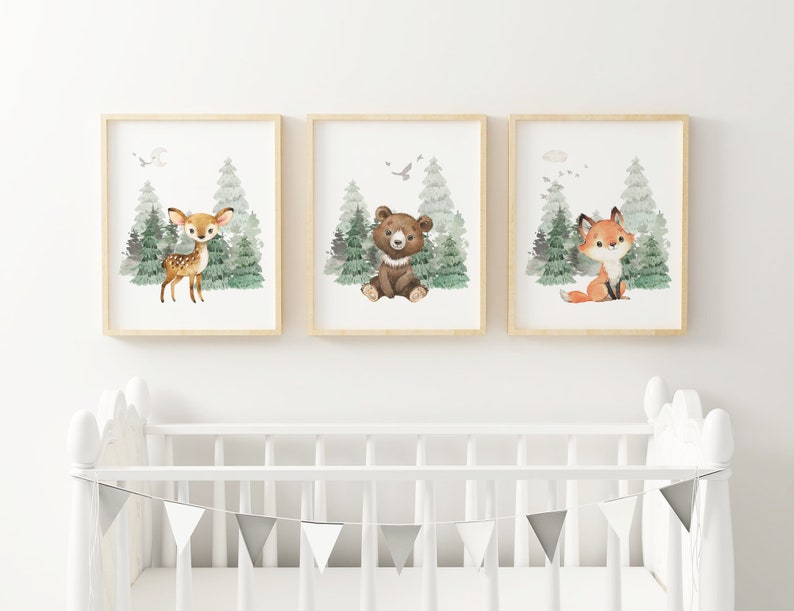 Woodland Nursery kunst aan de muur GEDRUKT VERSIE, Bear Wall art, Forest kwekerij Kwekerij Prints Aquarel Woodland W04 afbeelding 3