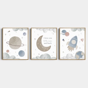 El espacio exterior te amo hasta la luna y las impresiones traseras, impresiones de vivero lunar Impresiones de espacio de guardería impresiones de vivero personalizadas espacio un BM2-A3 impreso