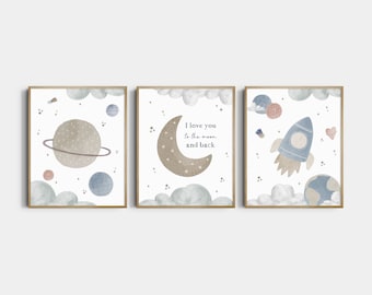 Outer Space love you to moon and back prints , moon nursery prints Nursery space prints custom nursery prints space a Printed BM2-A3