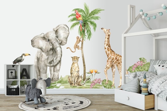 Safari Animals Wall Decal, Jungle Safari Decals, Giraffe Lion Wall Decal, Nursery Kids Room Wall Sticker