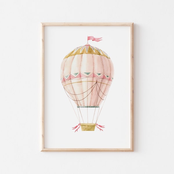 Pink Hot Air Balloon Printed art print,  Printed and shipped Watercolor Hot Air Balloon printed on high archival paper  HBA01