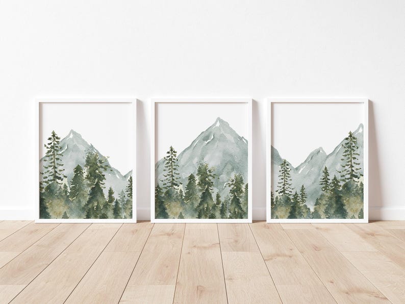 Art mural pépinière bois version imprimée, art mural montagne, décoration de chambre d'enfant pépinière de forêt - impressions de chambre d'enfant aquarelle bois - WL2 image 5