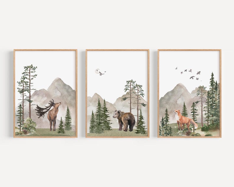 Woodland Nursery wall art PRINTED VERSION, Mountain wall art, tree nursery decor Forest nursery- Nursery Prints Watercolor Woodland- W05 image 8