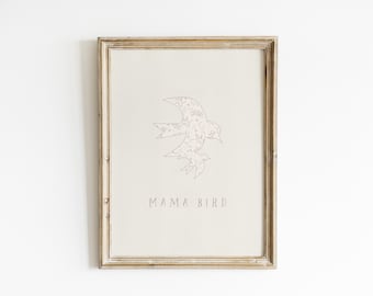Beige Newborn Nursery Wall Art Mama Bird Print Mother Baby Bird Artwork Neutral Baby Room Decor Floral Swallow Art Motherhood Decor MB3