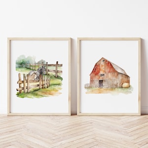 Horse and  Barn watercolor Printed art print,  Printed and shipped Watercolor Farm Barn and horse  printed on high archival paper FA7-A2
