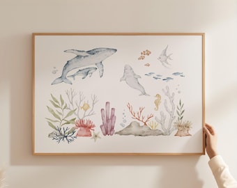 Whale Watercolor Nursery Wall Art Ocean Animal Art Under The Sea Baby Room Coastal Kids Bathroom Decor Dolphin Seahorse Reef Art PEO4-A1
