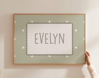 Personalized Name Sign Nursery Wall Art Sage Green Kids Room Print Scalloped Name Poster Whimsical Playroom Earth Tone Nursery BTD14-A1