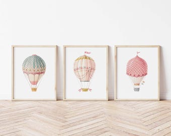 Hot Air Balloon Printed art print,  Printed and shipped Watercolor Hot Air Balloon printed on high archival paper Set of 3 HAB01