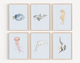 Watercolor Ocean Animal Nursery Wall Art Blue Striped Sea Life Print Dolphin Seahorse Shark Jellyfish Kids Room Nautical Playroom PEO1-A6