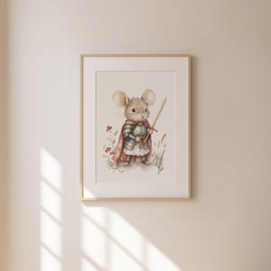 A framed illustration of a mouse dressed in medieval attire, holding a sword and standing in a grassy field with flowers.