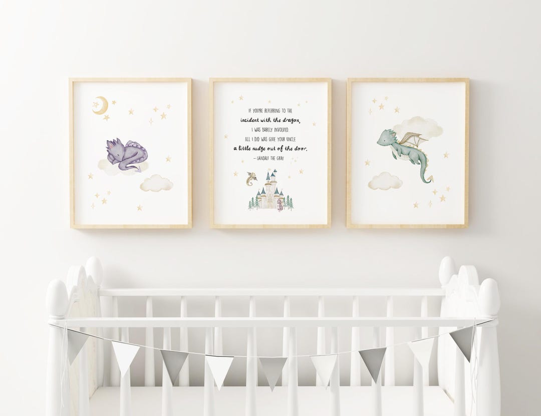 Fantasy Dragon Nursery Wall Art Storybook Baby Room Decor Watercolor ...