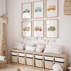 Vehicle Nursery firetruck art print sage green nursery boys room wall art cars decor earth tone nursery Printed and Shipped Set of 6 TBK2-A1